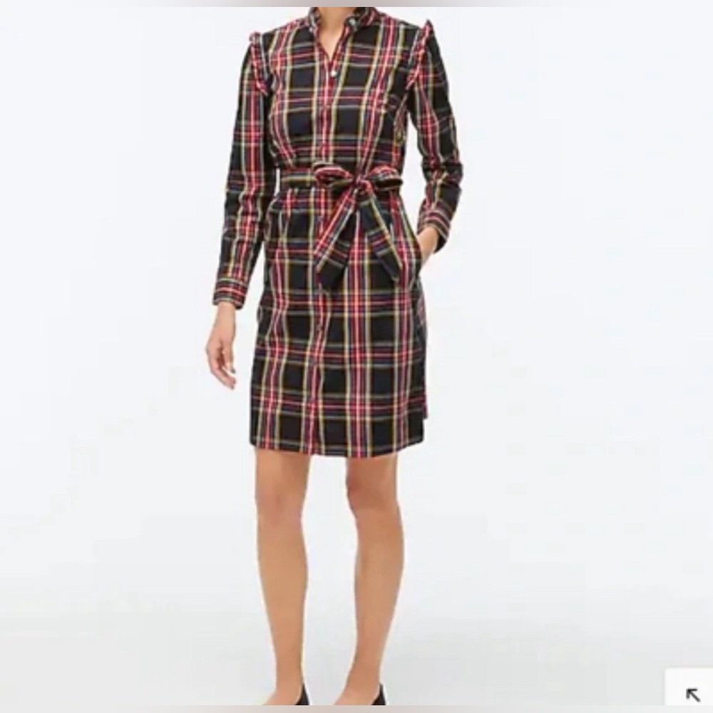 NWT J CREW Tartan Plaid Ruffle Mini Shirt Dress Black Red Classic Preppy Size 00